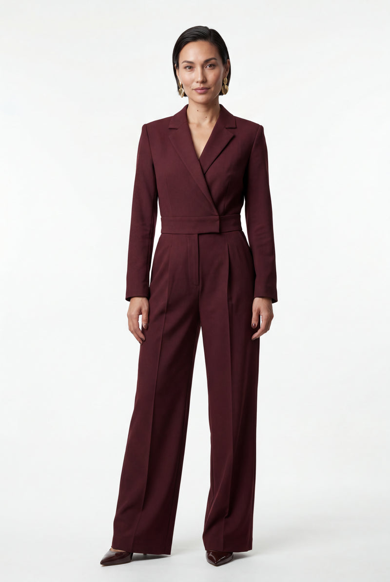 Burgundy Tailored Wide Leg Blazer Jumpsuit with Cinched Waist - Fitted blazer jumpsuit - Photo 1