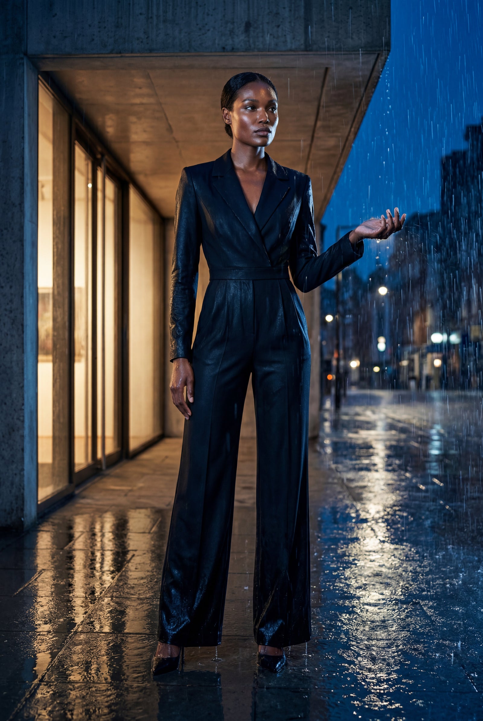 Black Tailored Wide Leg Blazer Jumpsuit with Cinched Waist - Fitted blazer jumpsuit - Photo 10
