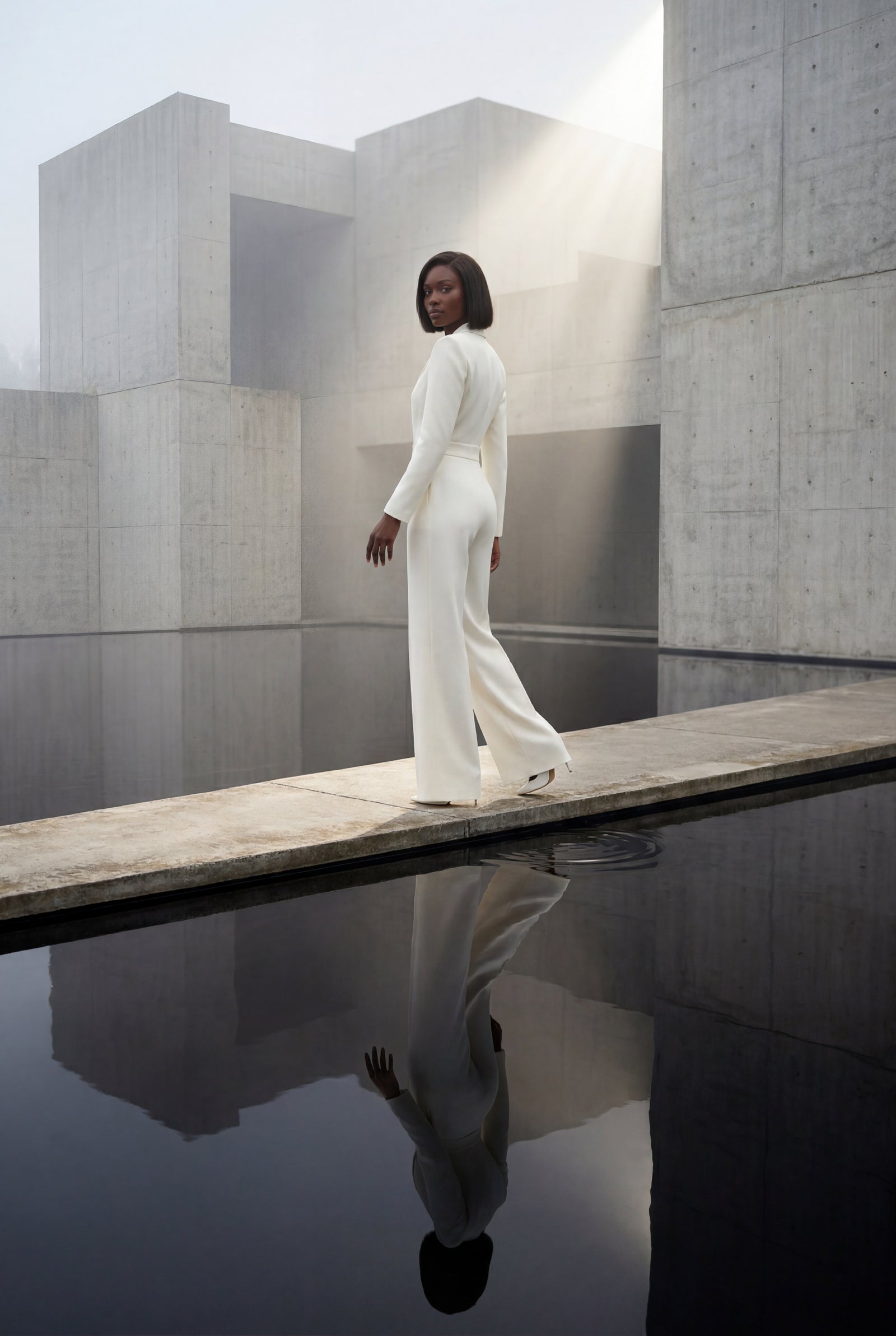 White Tailored Wide Leg Blazer Jumpsuit with Cinched Waist - Fitted blazer jumpsuit - Photo 11