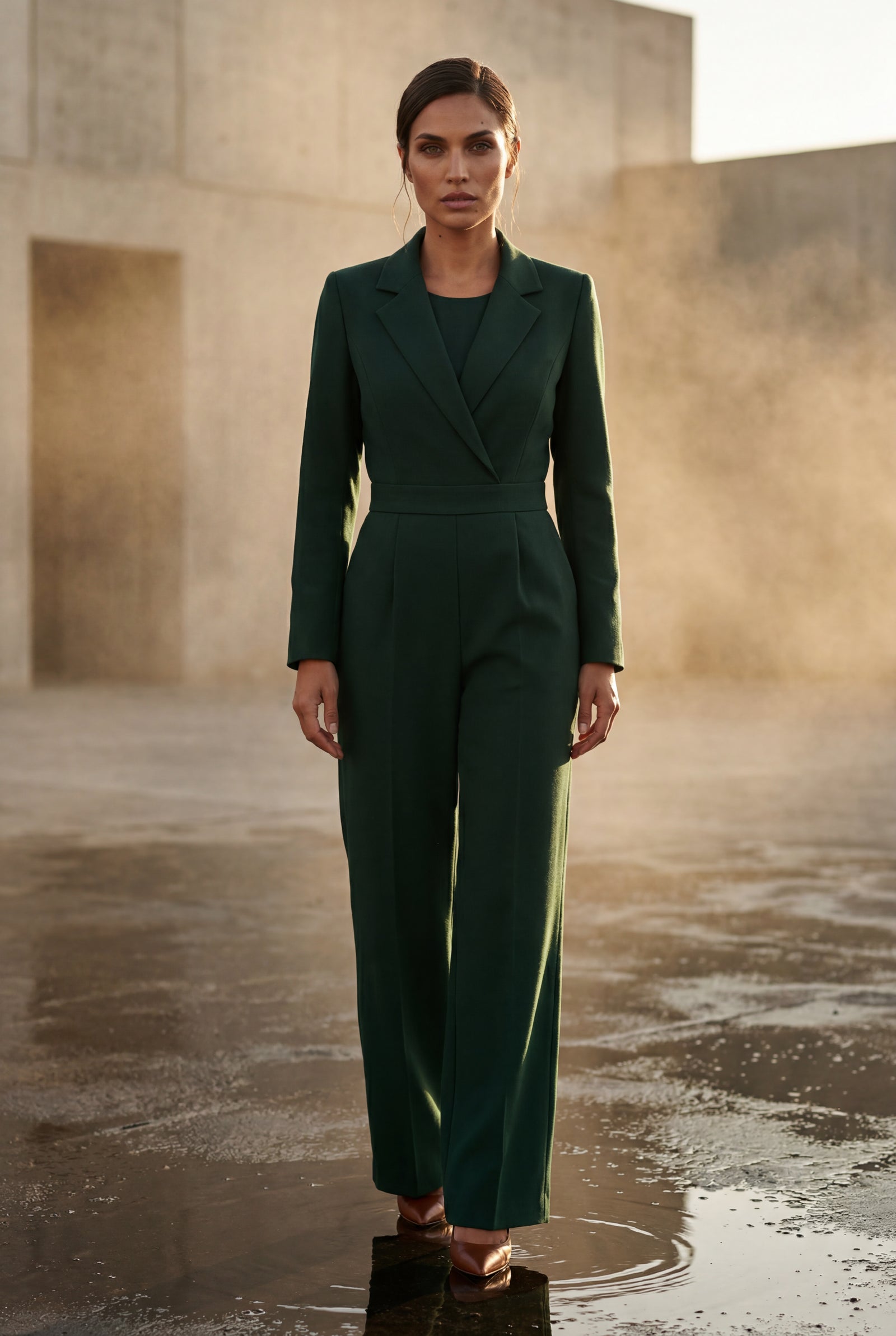 Dark Green Tailored Wide Leg Blazer Jumpsuit with Cinched Waist - Fitted blazer jumpsuit - Photo 15