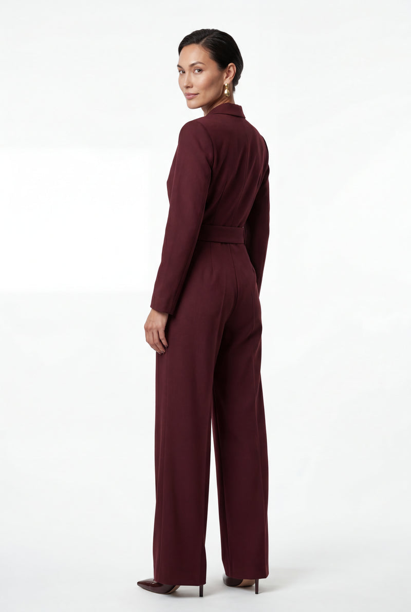 Burgundy Tailored Wide Leg Blazer Jumpsuit with Cinched Waist - Fitted blazer jumpsuit - Photo 2