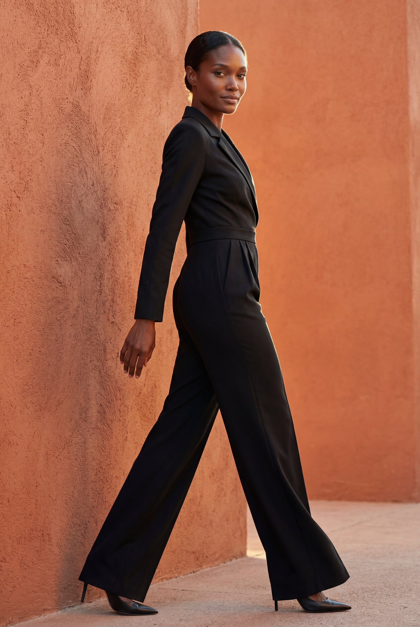 Black Tailored Wide Leg Blazer Jumpsuit with Cinched Waist - Fitted blazer jumpsuit - Photo 7