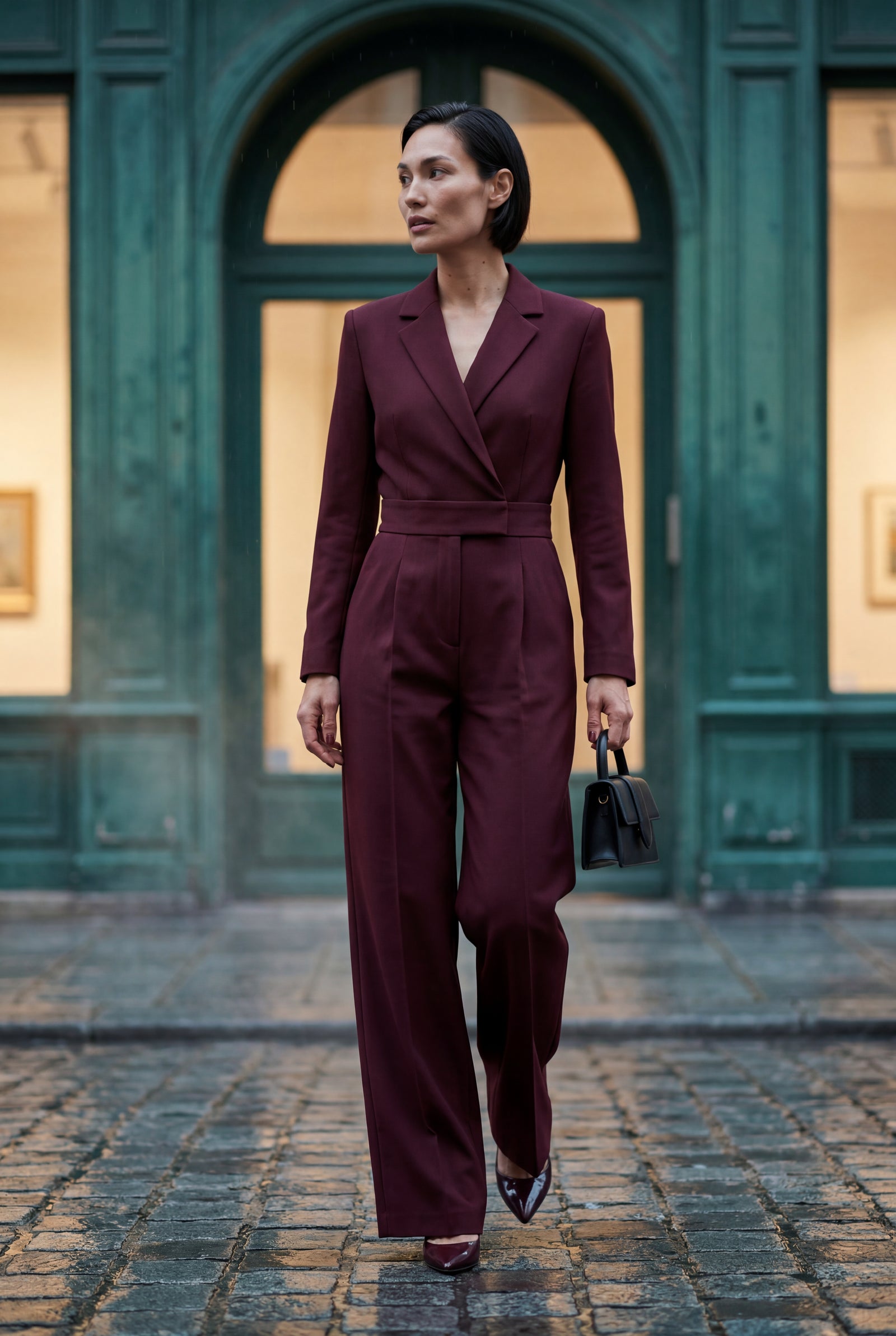 Burgundy Tailored Wide Leg Blazer Jumpsuit with Cinched Waist - Fitted blazer jumpsuit - Photo 8