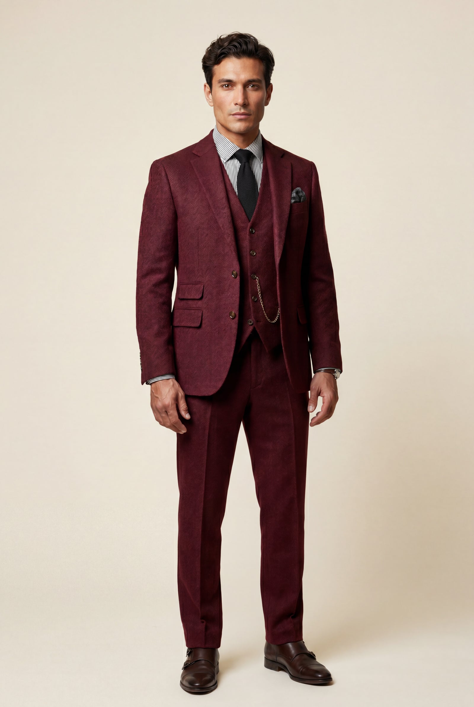 Burgundy Textured Three-piece Suit with Notched Lapels - Photo 24