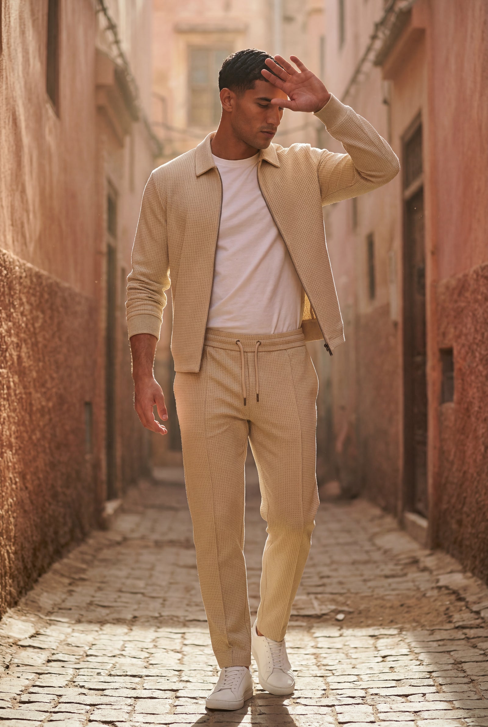 Beige Textured Zip-up Jacket and Jogger Set with Ribbed Detail - Two piece set - Photo 10