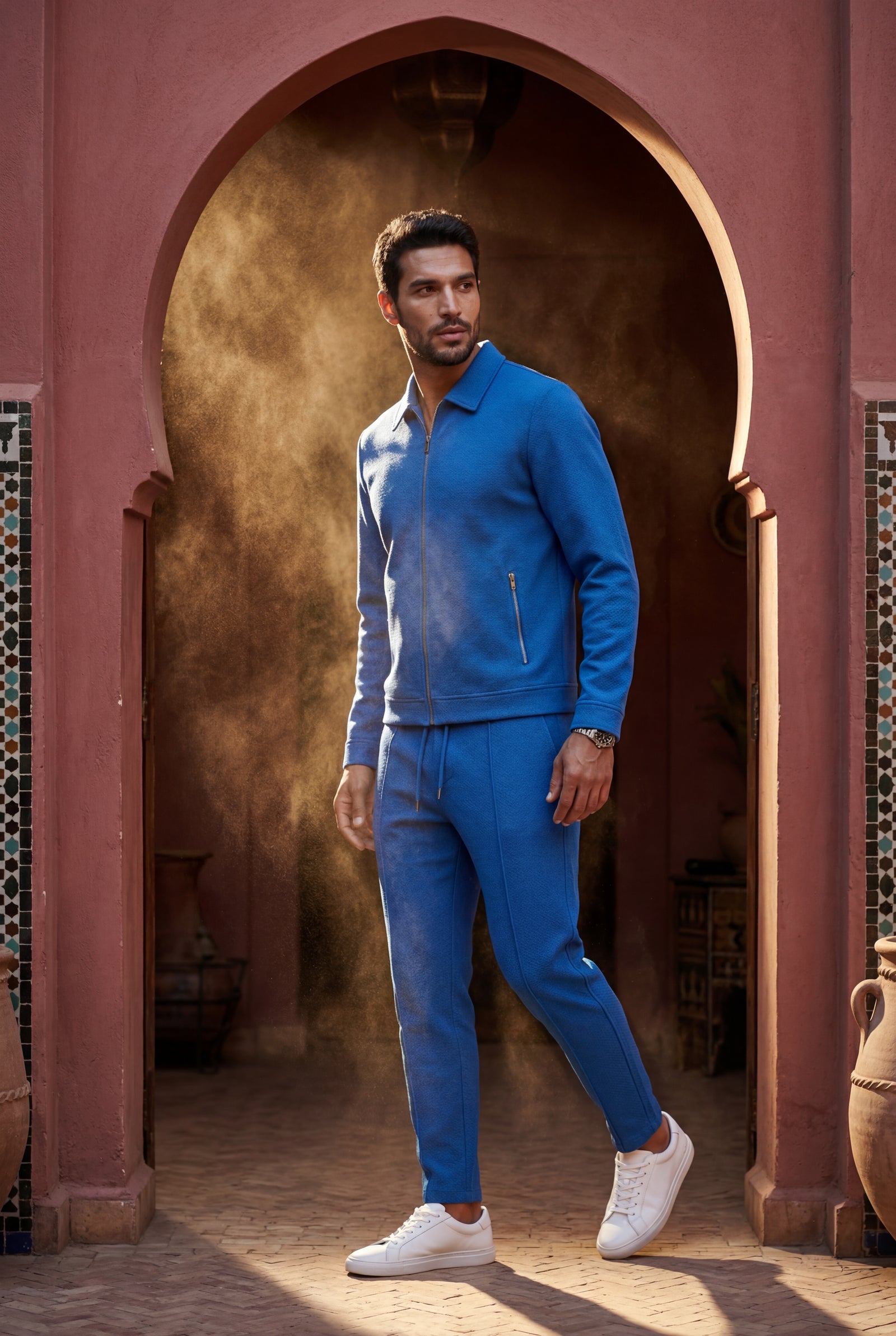 Blue Textured Zip-up Jacket and Jogger Set with Ribbed Detail - Two piece set - Photo 11
