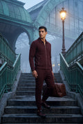 Burgundy Textured Zip-up Jacket and Jogger Set with Ribbed Detail - Two piece set - Photo 9