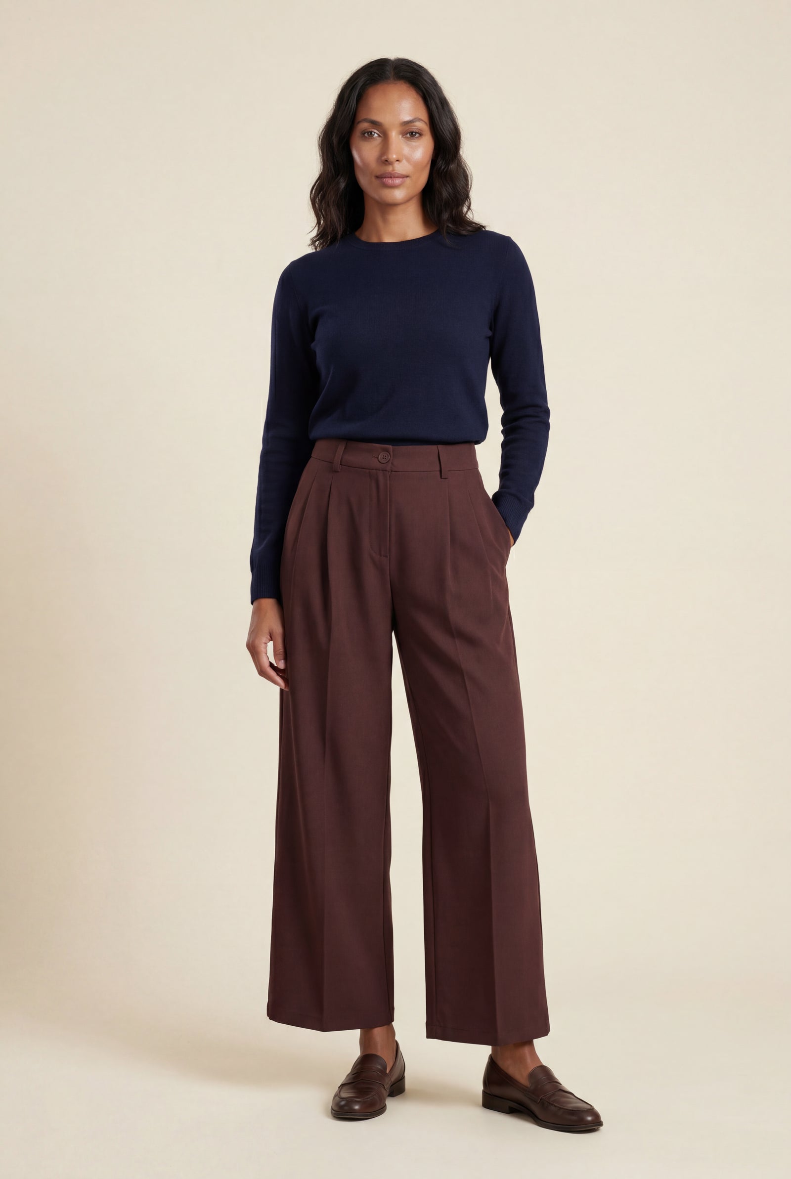 Burgundy Wide-leg High-waisted Tailored Trousers with Pleats - Wide leg pants - Photo 6