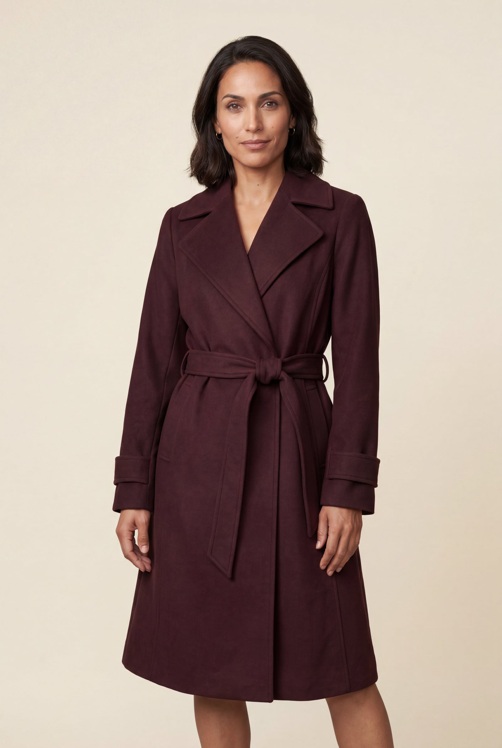 Burgundy Wide Notched Collar Belted Long Trench Coat - Photo 5