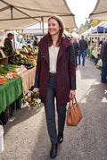 Women's Coat Hooded Elegant in Burgundy — lifestyle candid snapshot
