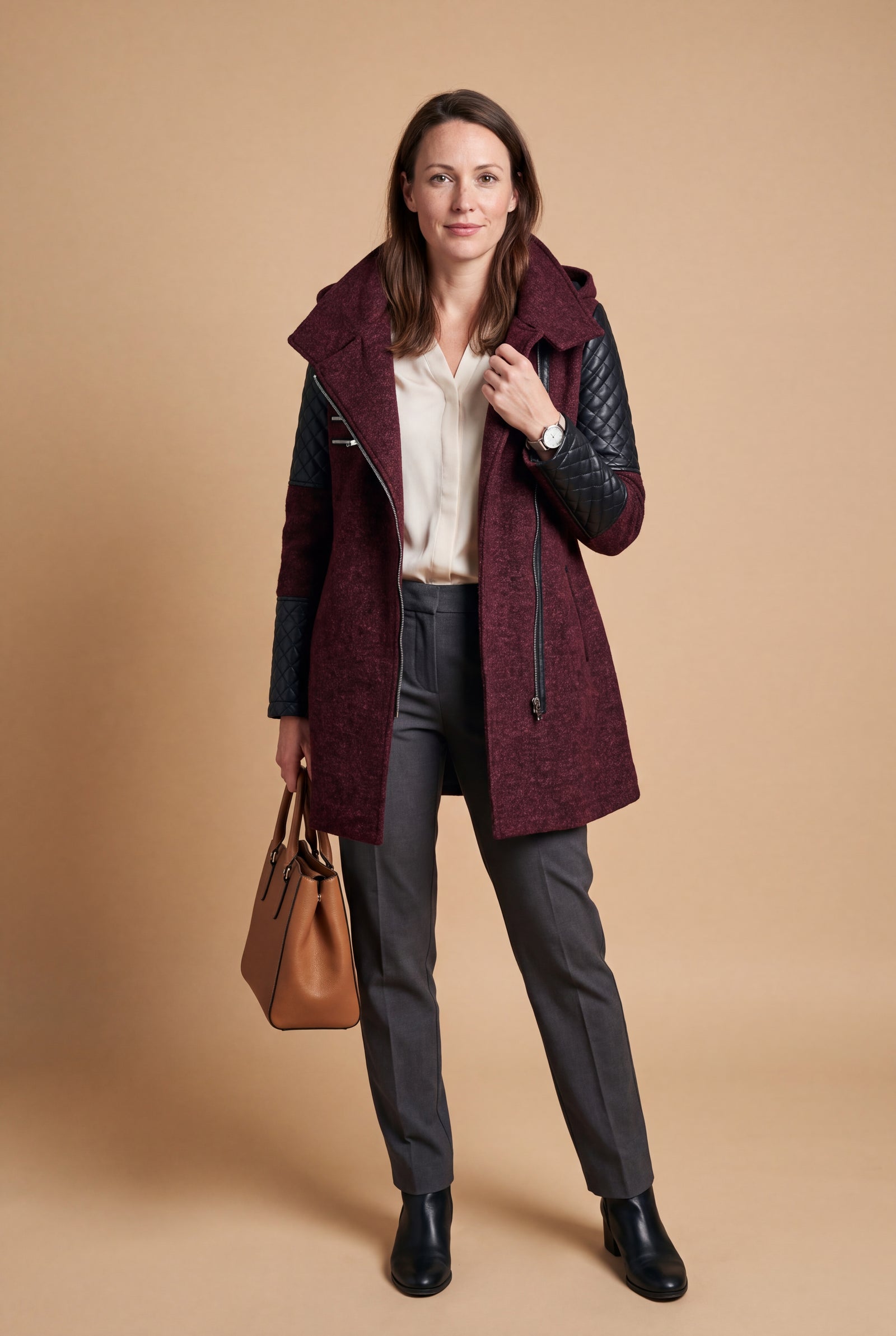 Women's Coat Hooded Elegant in Burgundy — studio coat fullbody