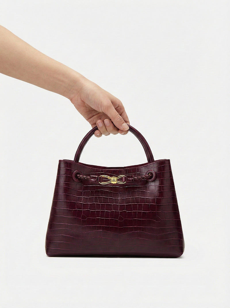 Burgundy Women's Burgundy Croc-Embossed Top Handle Bag with Gold Hardware - Compact handbags - Photo 2