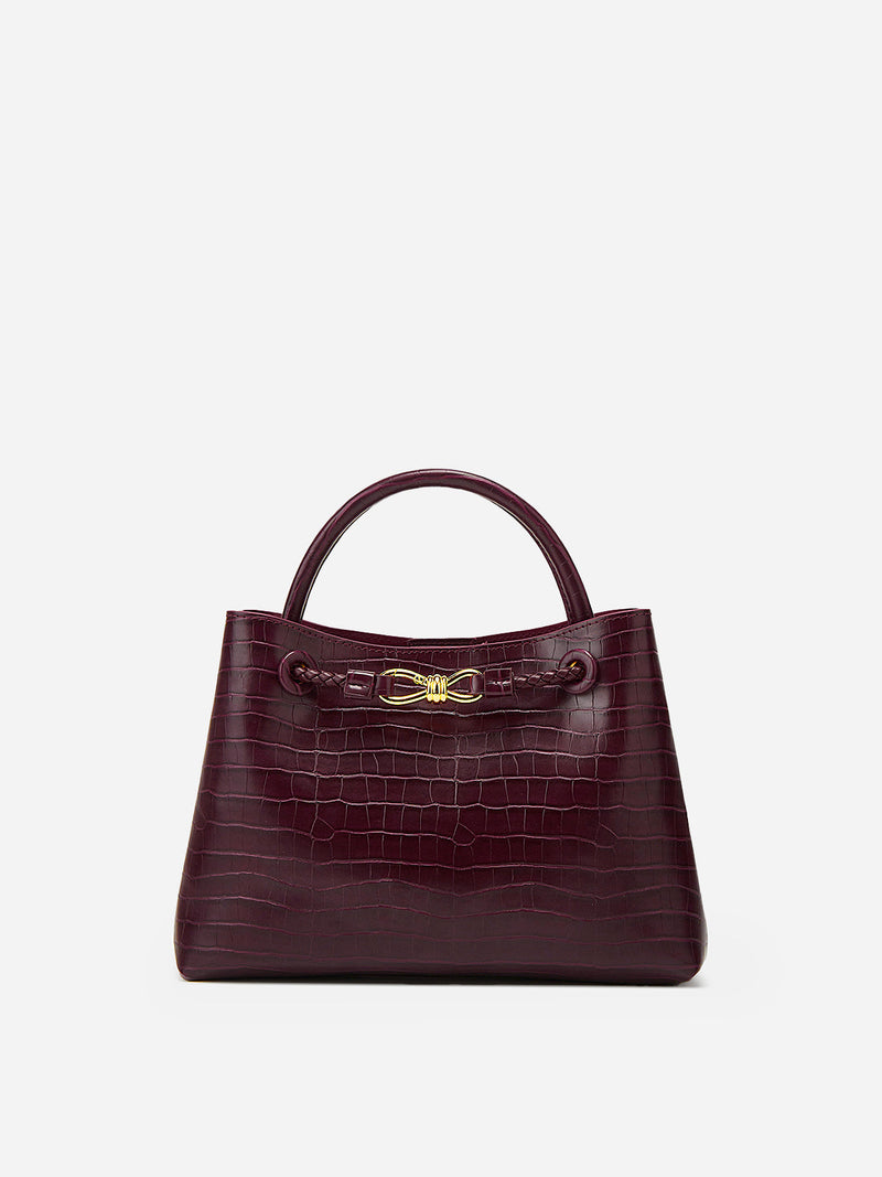 Burgundy Women's Burgundy Croc-Embossed Top Handle Bag with Gold Hardware - Compact handbags - Photo 3