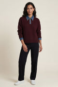 Burgundy Women's Contrast Collar Pullover Sweater - Sweaters - Photo 3