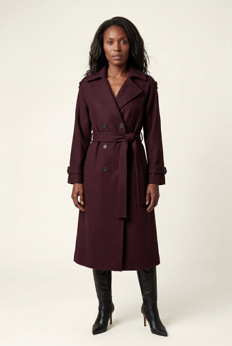 Burgundy Women's Double-Breasted Belted -Blend Trench Coat - Trench coats - Photo 1