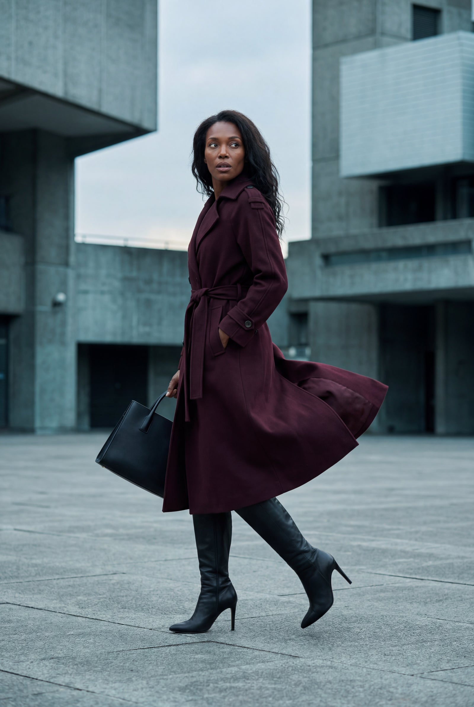 Burgundy Women's Double-Breasted Belted -Blend Trench Coat - Trench coats - Photo 5