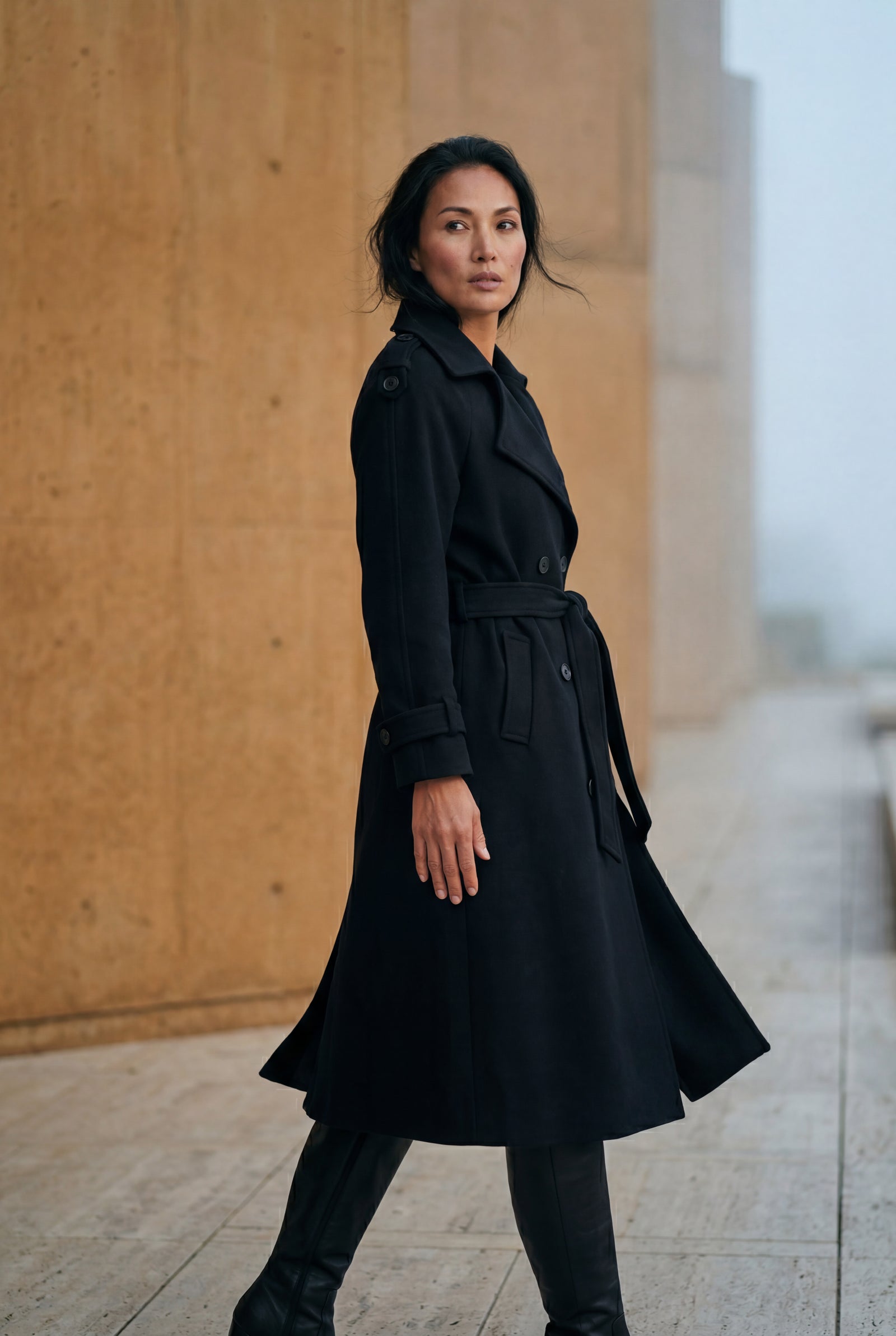 Black Women's Double-Breasted Belted -Blend Trench Coat - Trench coats - Photo 6