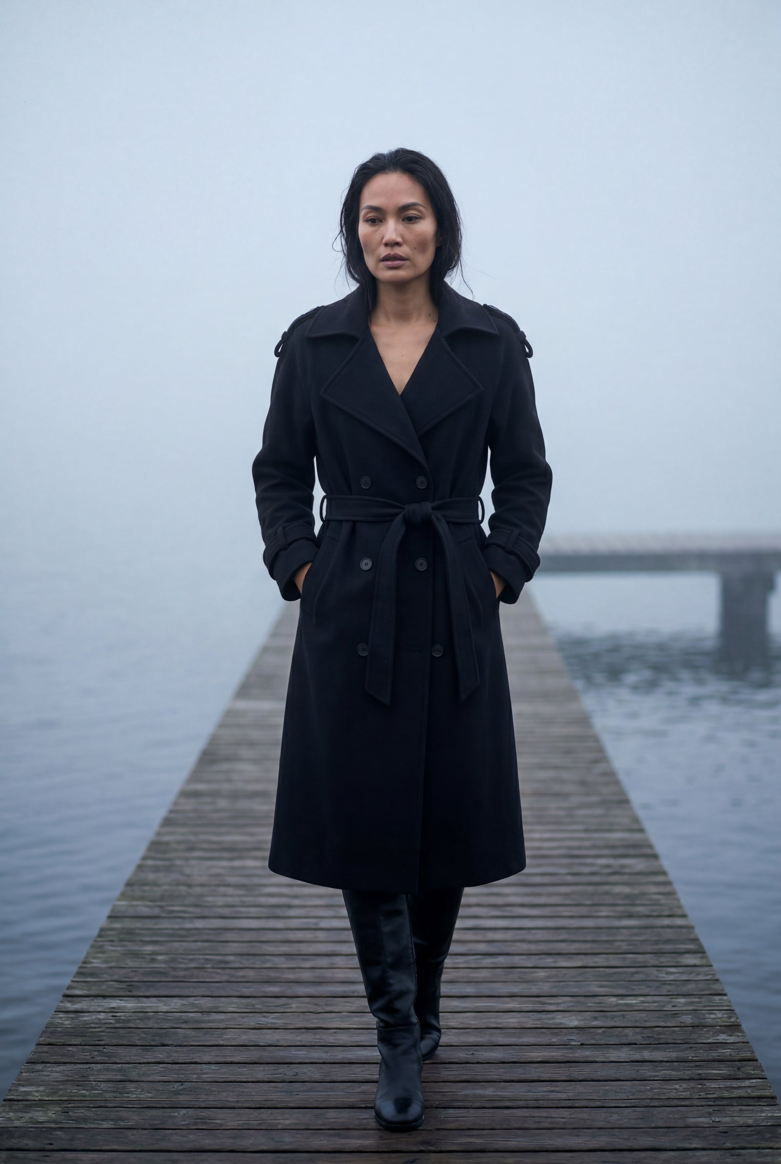 Black Women's Double-Breasted Belted -Blend Trench Coat - Trench coats - Photo 7