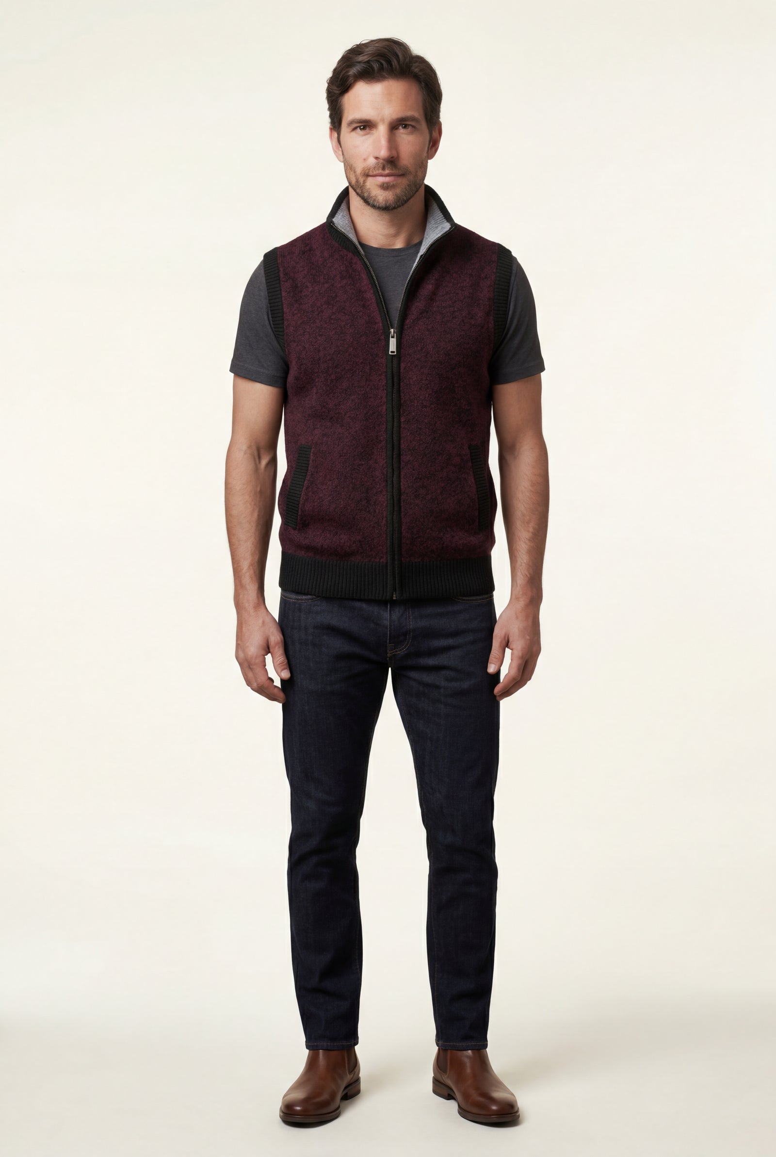 Burgundy Zip-front Colorblock Knitted Vest with Stand Collar - Knitted vests - Photo 12