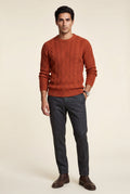 Burnt Orange Chunky Cable Crewneck Sweater with Ribbed Hem - Photo 1