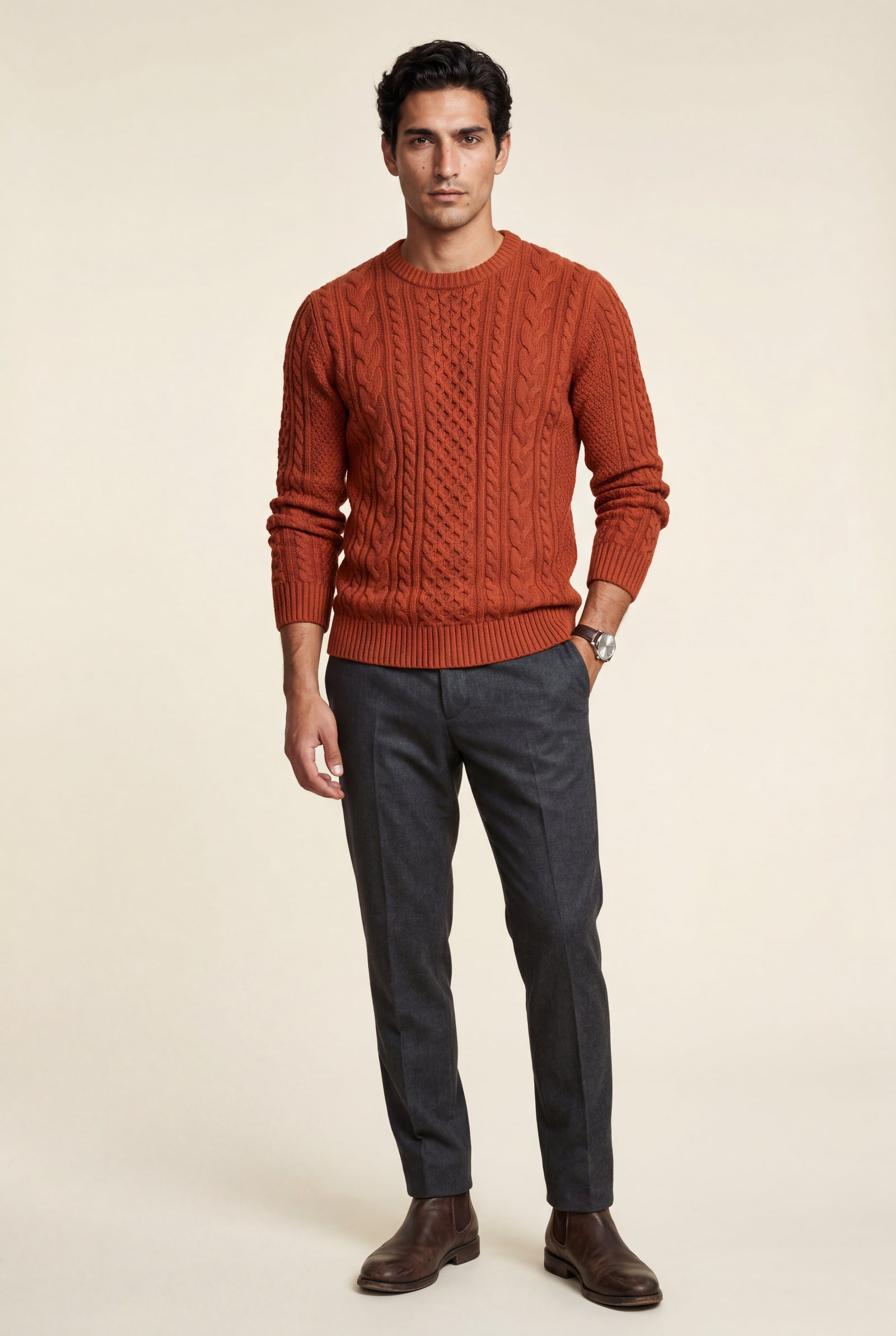 Burnt Orange Chunky Cable Crewneck Sweater with Ribbed Hem - Photo 1