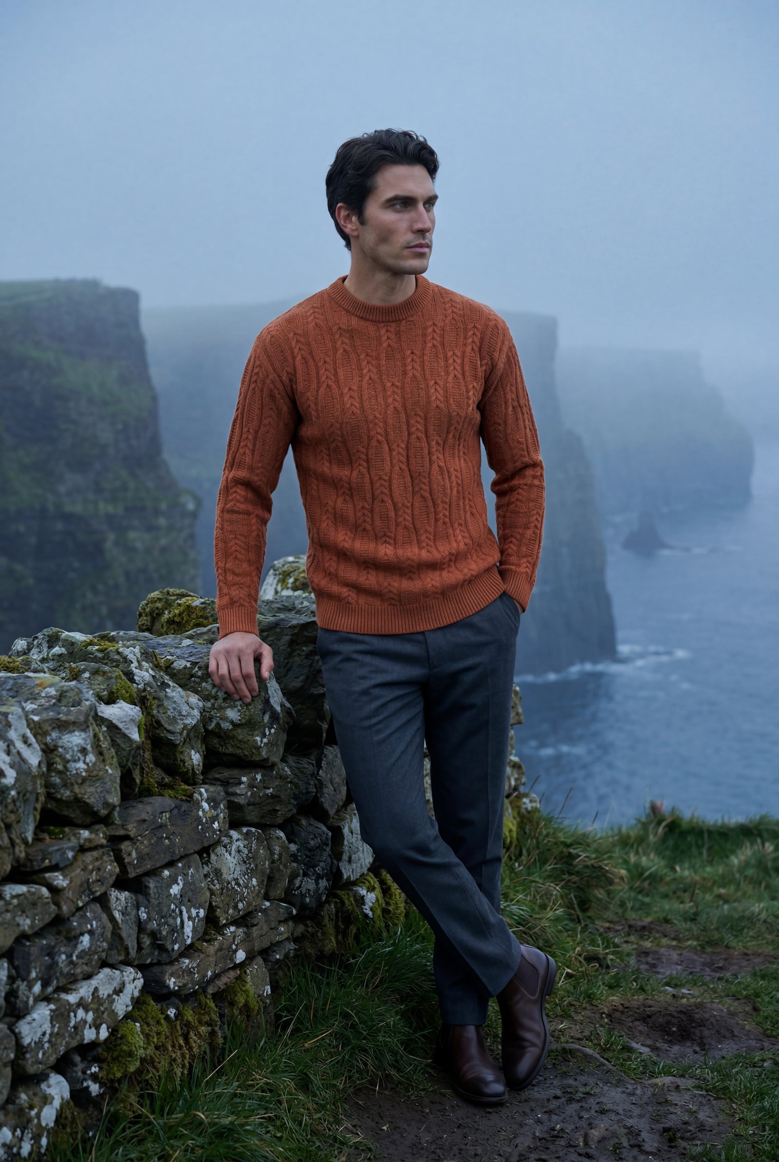 Burnt Orange Chunky Cable Crewneck Sweater with Ribbed Hem - Photo 10