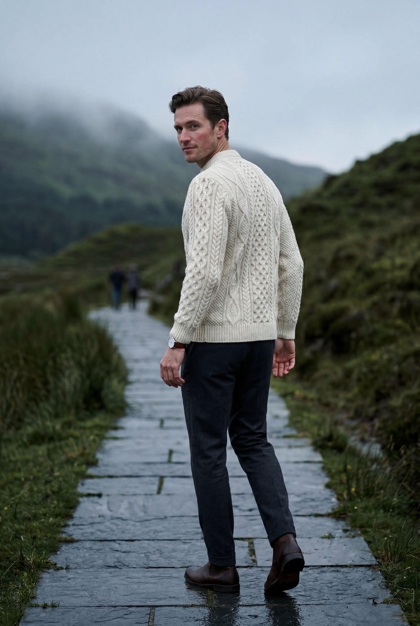 Cream Chunky Cable Crewneck Sweater with Ribbed Hem - Photo 16