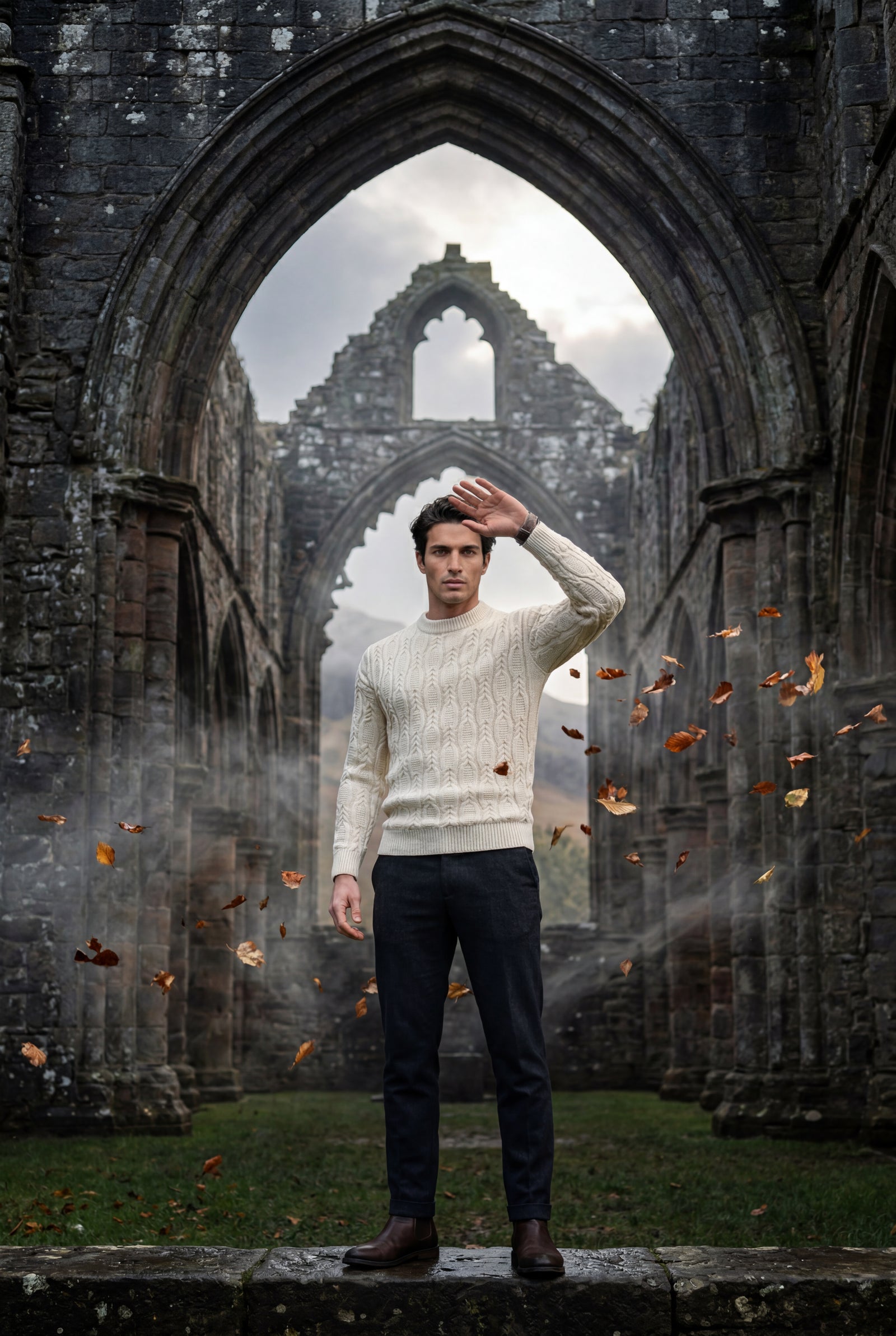 Cream Chunky Cable Crewneck Sweater with Ribbed Hem - Photo 19