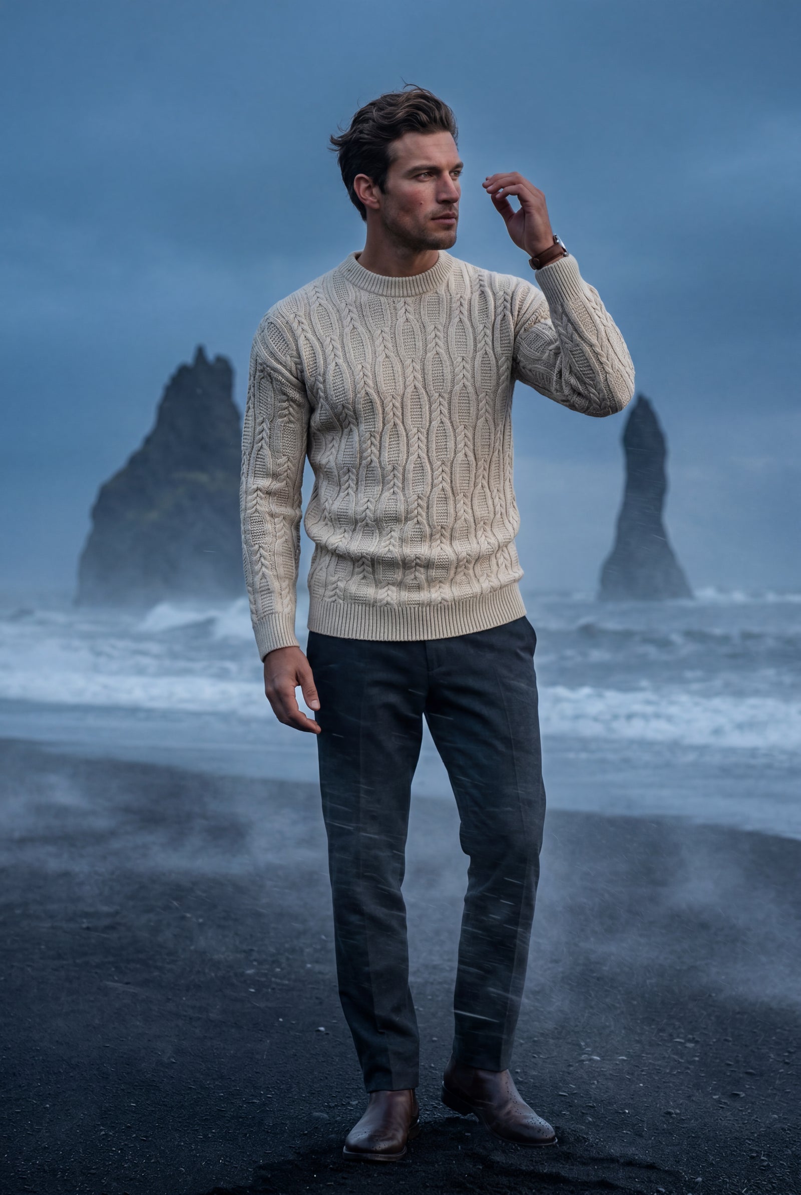 Sand Beige Chunky Cable Crewneck Sweater with Ribbed Hem - Photo 20