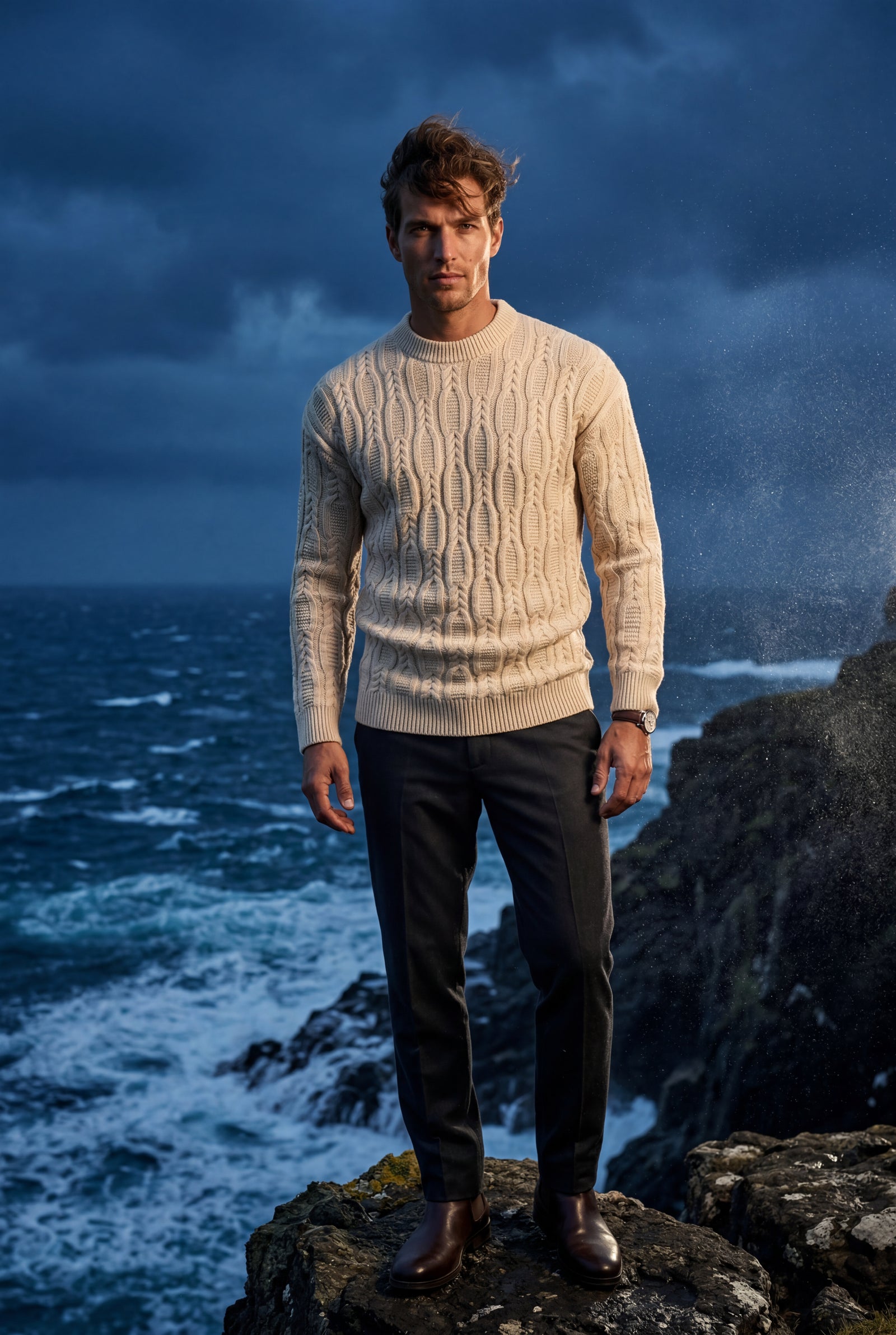 Sand Beige Chunky Cable Crewneck Sweater with Ribbed Hem - Photo 21