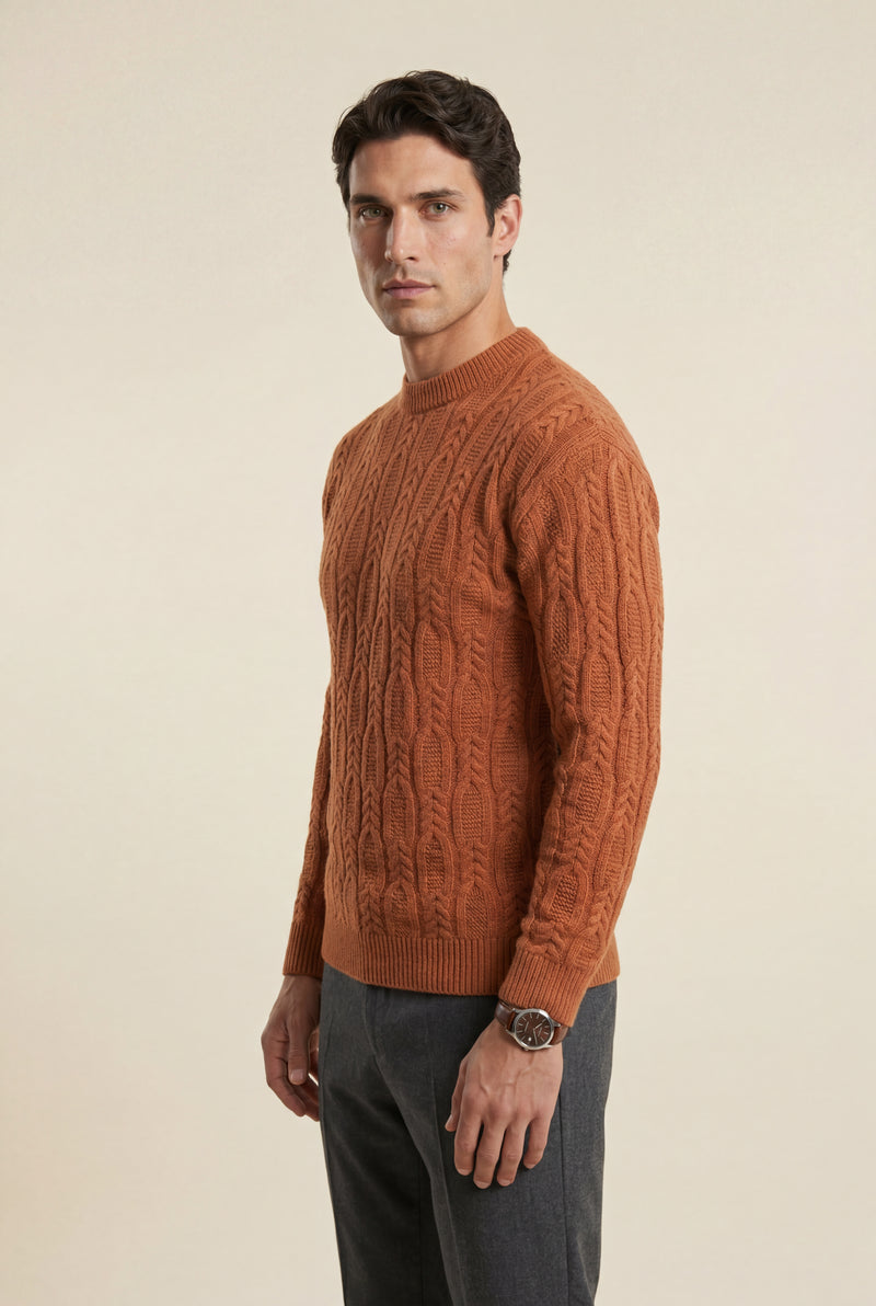 Burnt Orange Chunky Cable Crewneck Sweater with Ribbed Hem - Photo 3