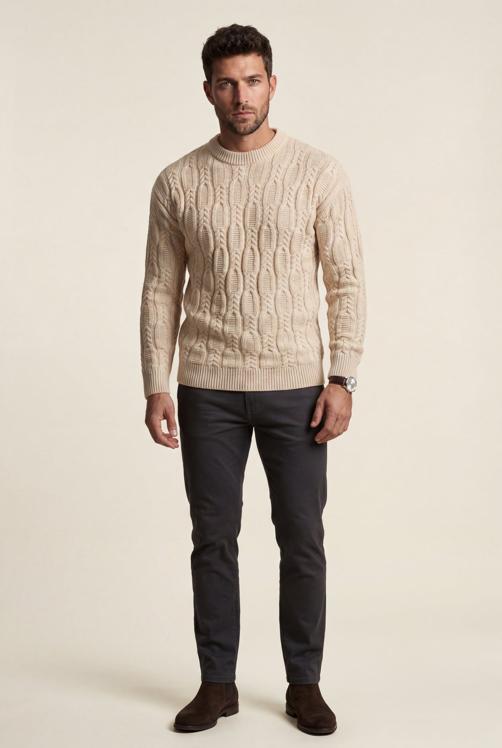 Sand Beige Chunky Cable Crewneck Sweater with Ribbed Hem - Photo 4