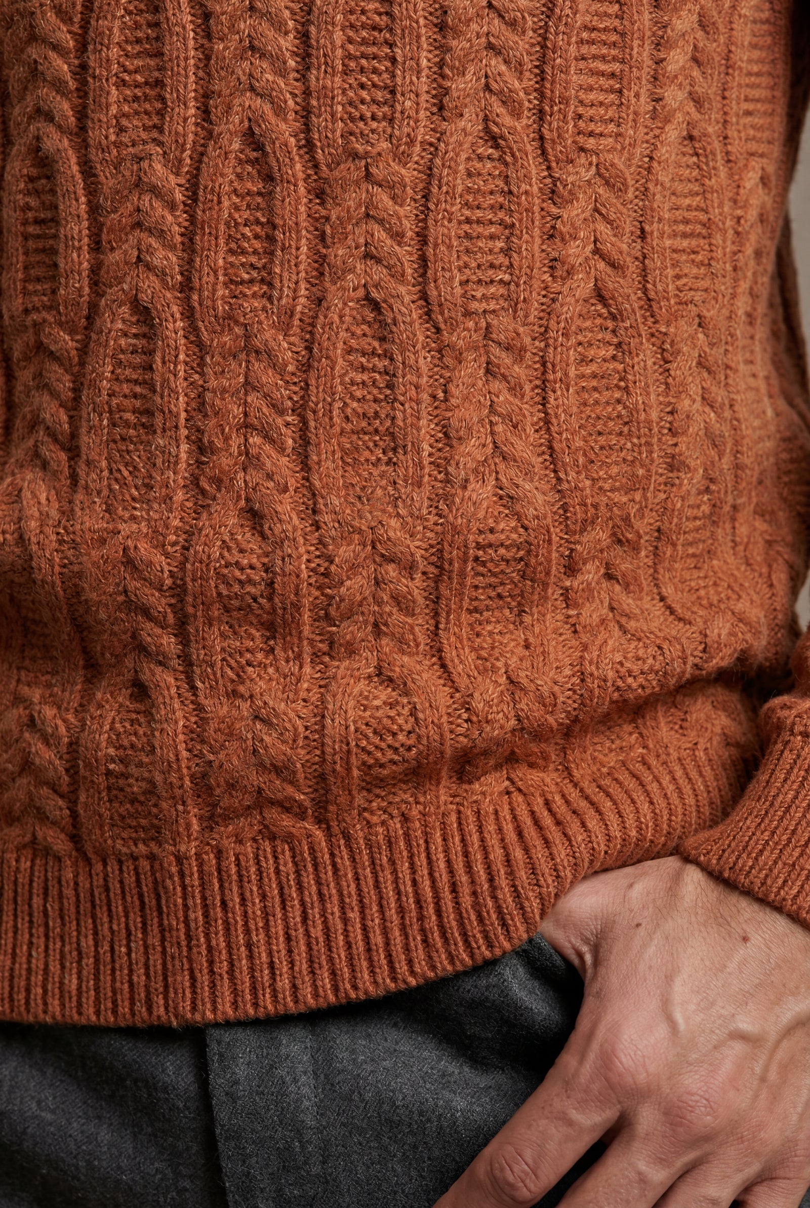 Burnt Orange Chunky Cable Crewneck Sweater with Ribbed Hem - Photo 7