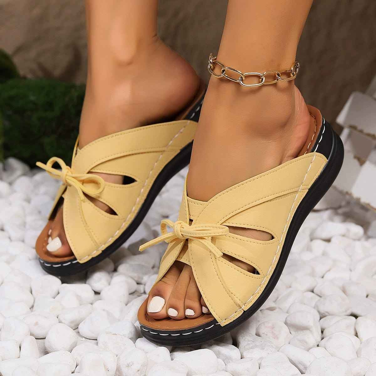 Butter Yellow Bow Detail Cutout Slide Sandals with Criss-cross Straps - Photo 5