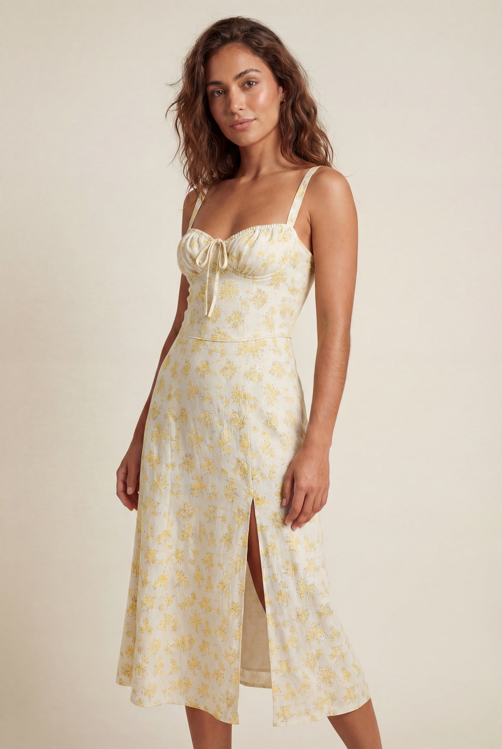 Butter Yellow Floral Ruched Bust A-line Sundress with Front Slit - A-line sundresses - Photo 6