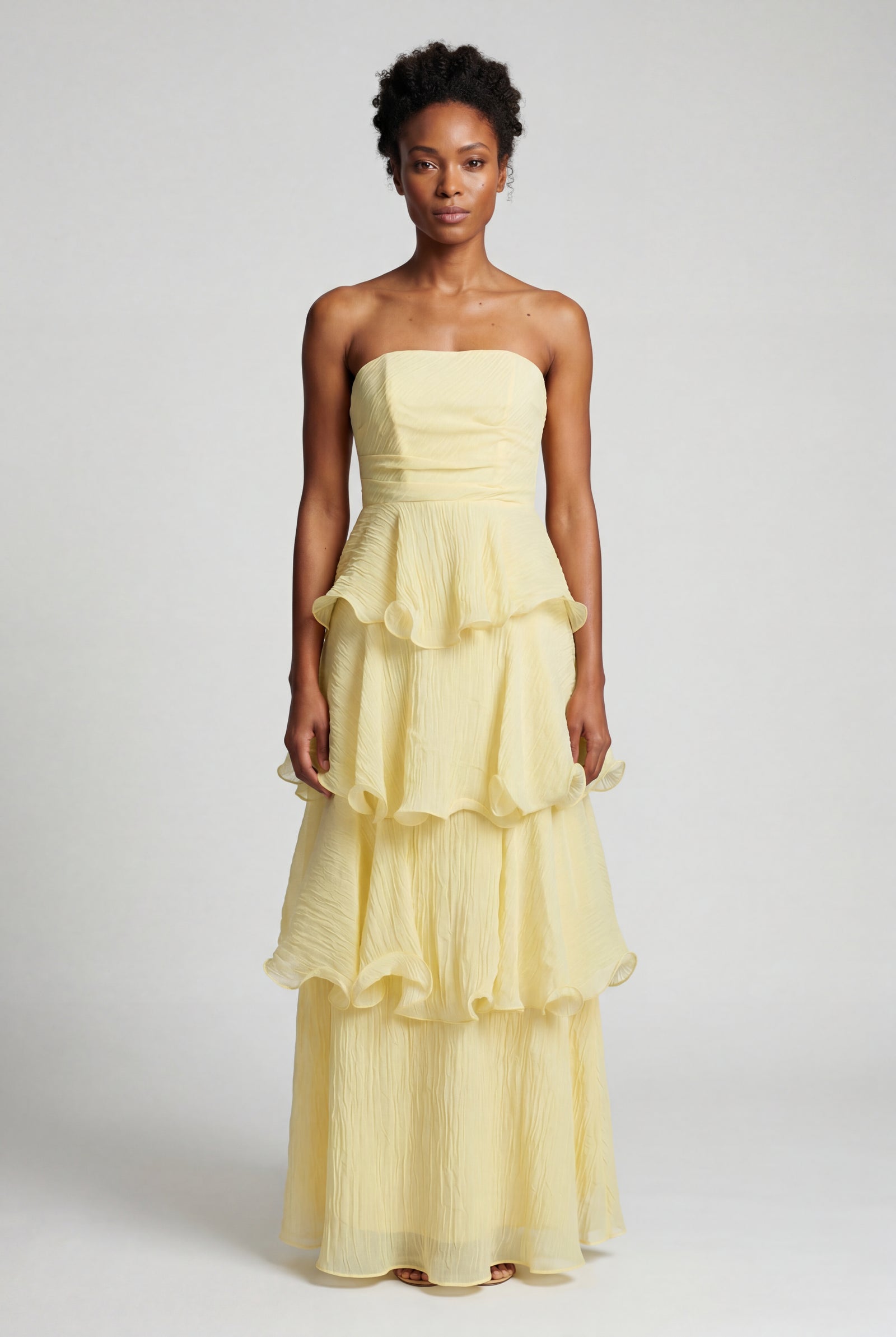 Butter Yellow Strapless Tiered Ruffle Maxi Dress - Photo 1