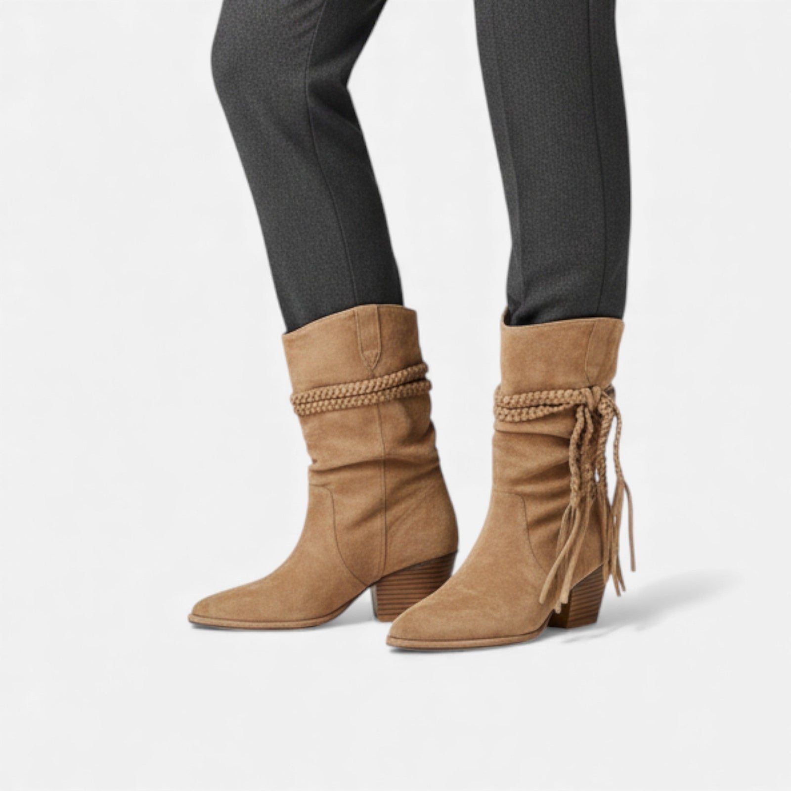 Braided Tassel Western Chunky Heel Mid-calf Boots - Chunky heel boots - Photo 2