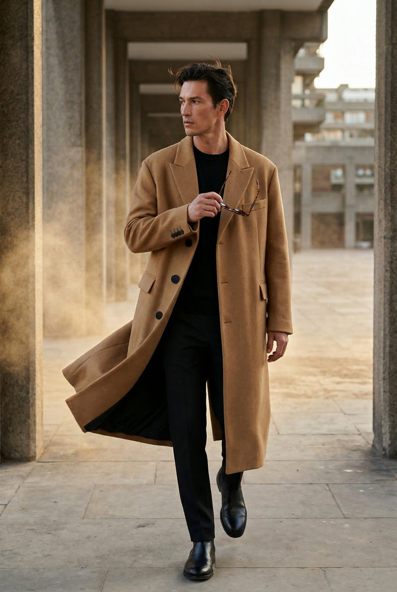 Camel Camel Brown Tailored Long Overcoat with Notched Lapels - Long jackets - Photo 2