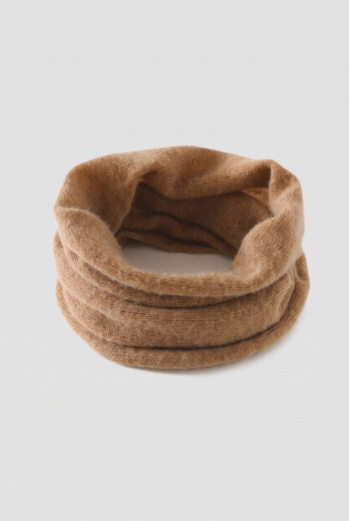 Cashmere Neck Gaiter in Camel — studio front