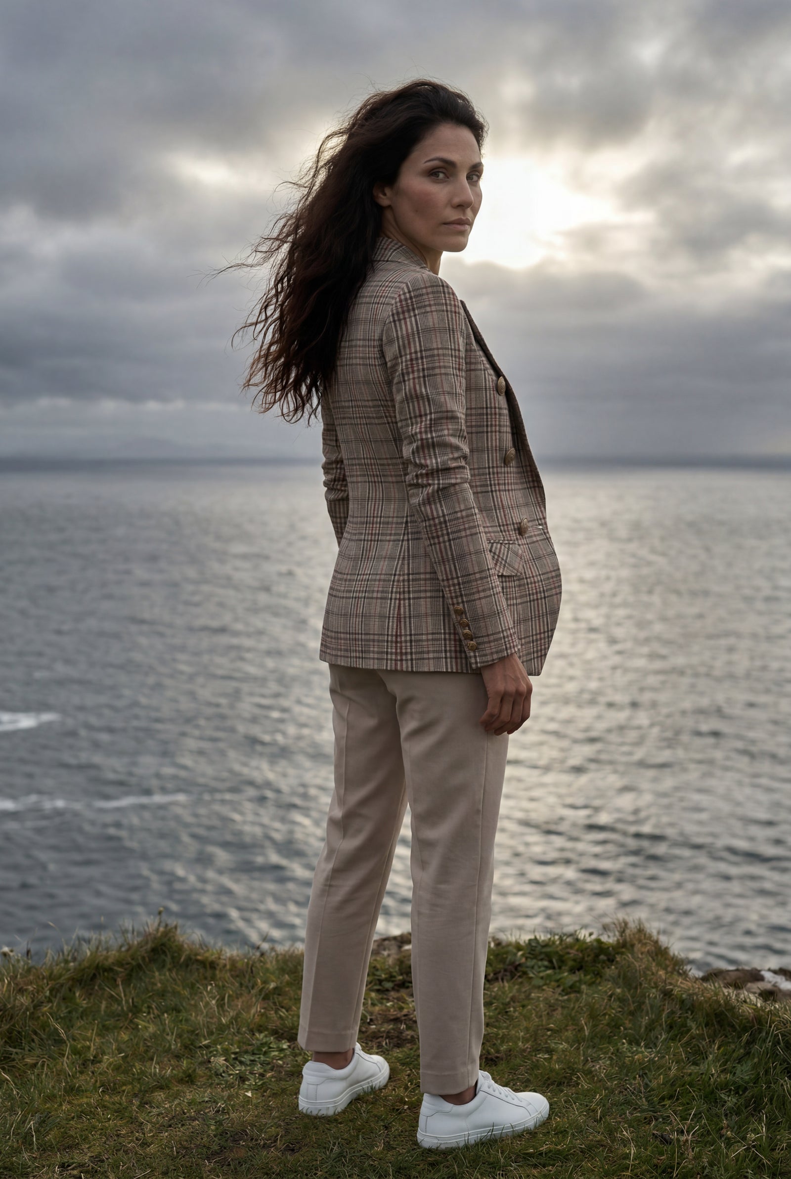 Light Beige Plaid Double-breasted Tailored Blazer with Gold Buttons - Blazers - Photo 11