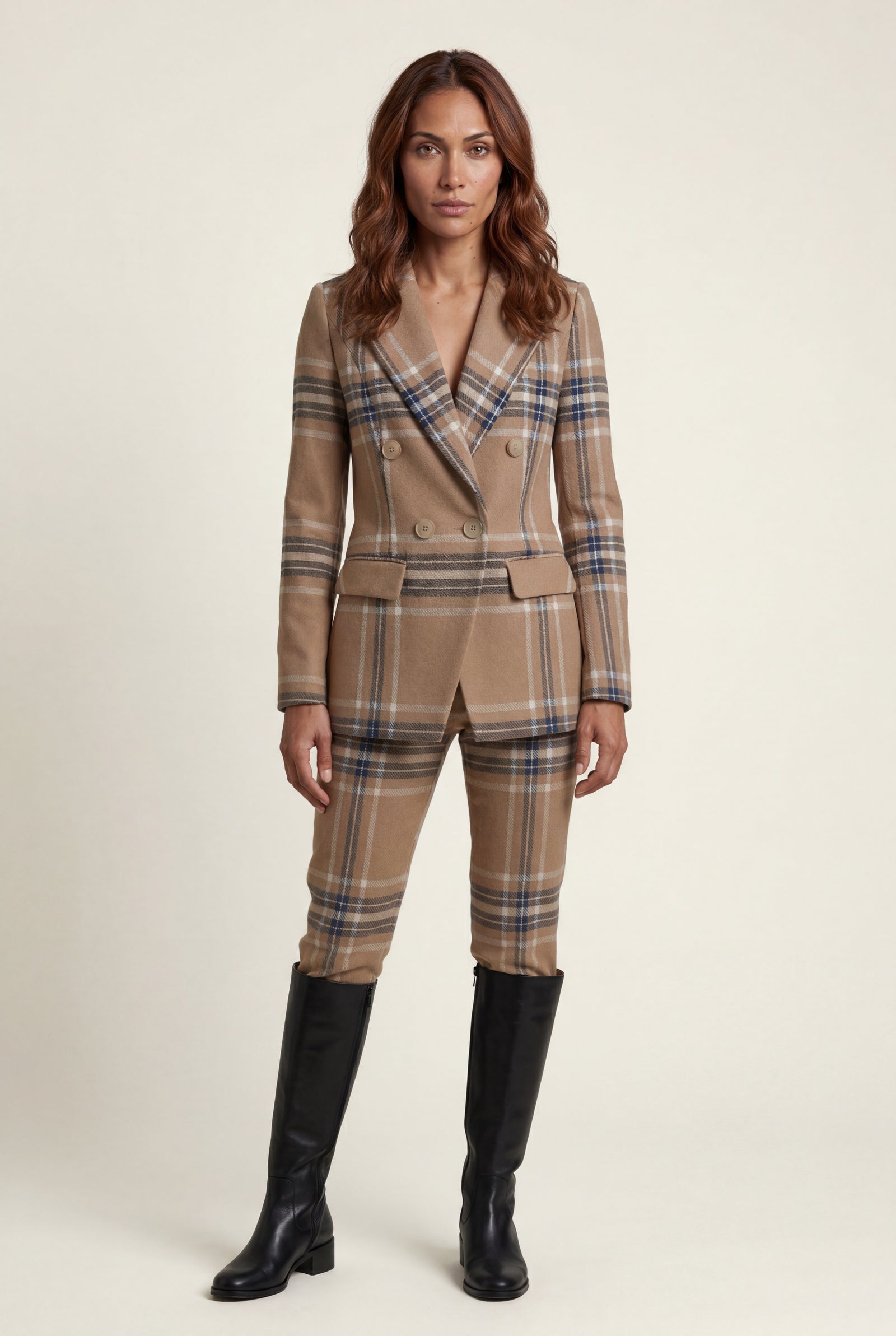Camel Plaid Double-breasted Tailored Blazer with Gold Buttons - Blazers - Photo 5