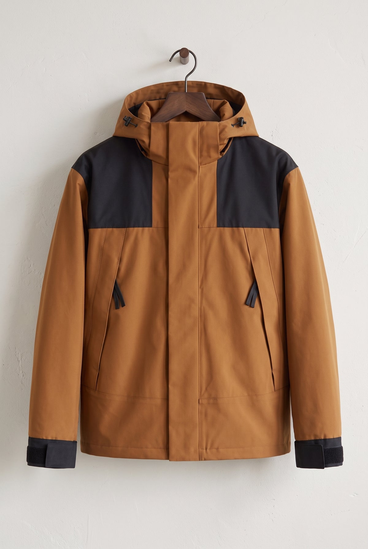 Technical Hooded Ski Jacket in Camel — studio front