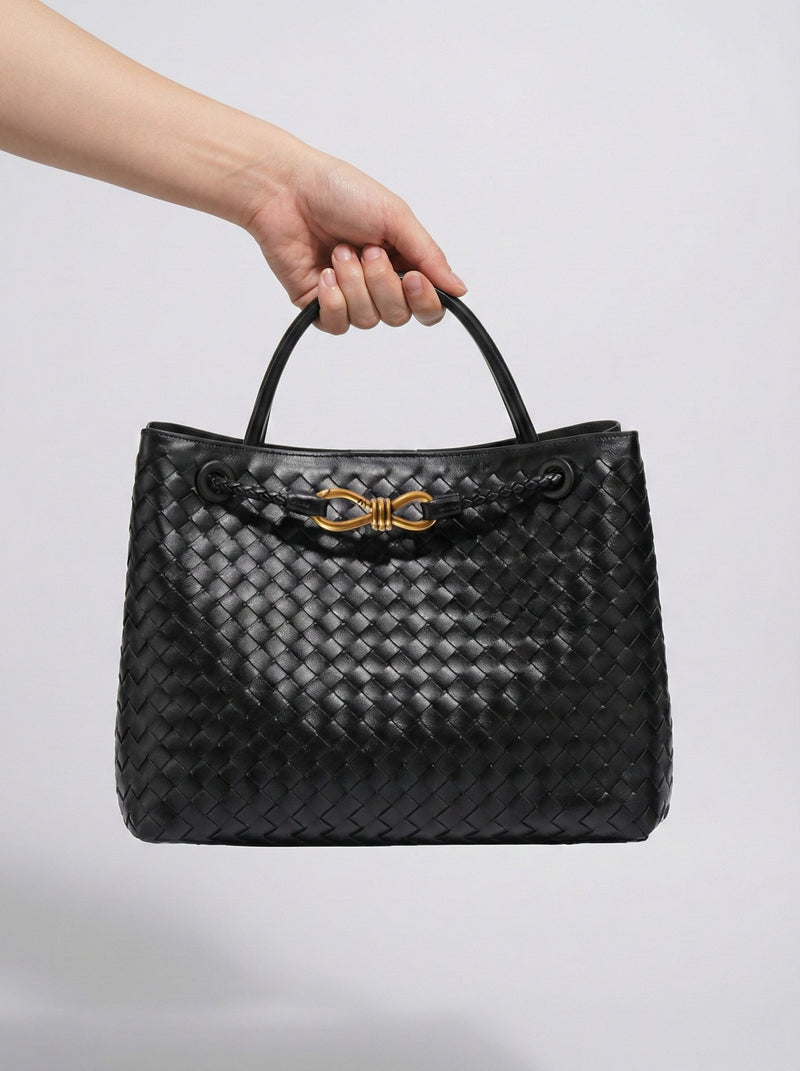 Women's Braided Structured Medium Tote Handbag with Top Handles - Braided handbag - Photo 3