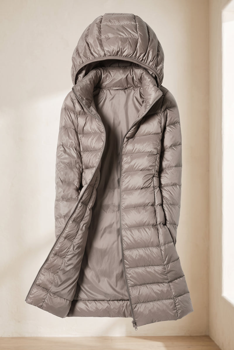 Glossy Hooded Puffer Coat in Campaign — studio front