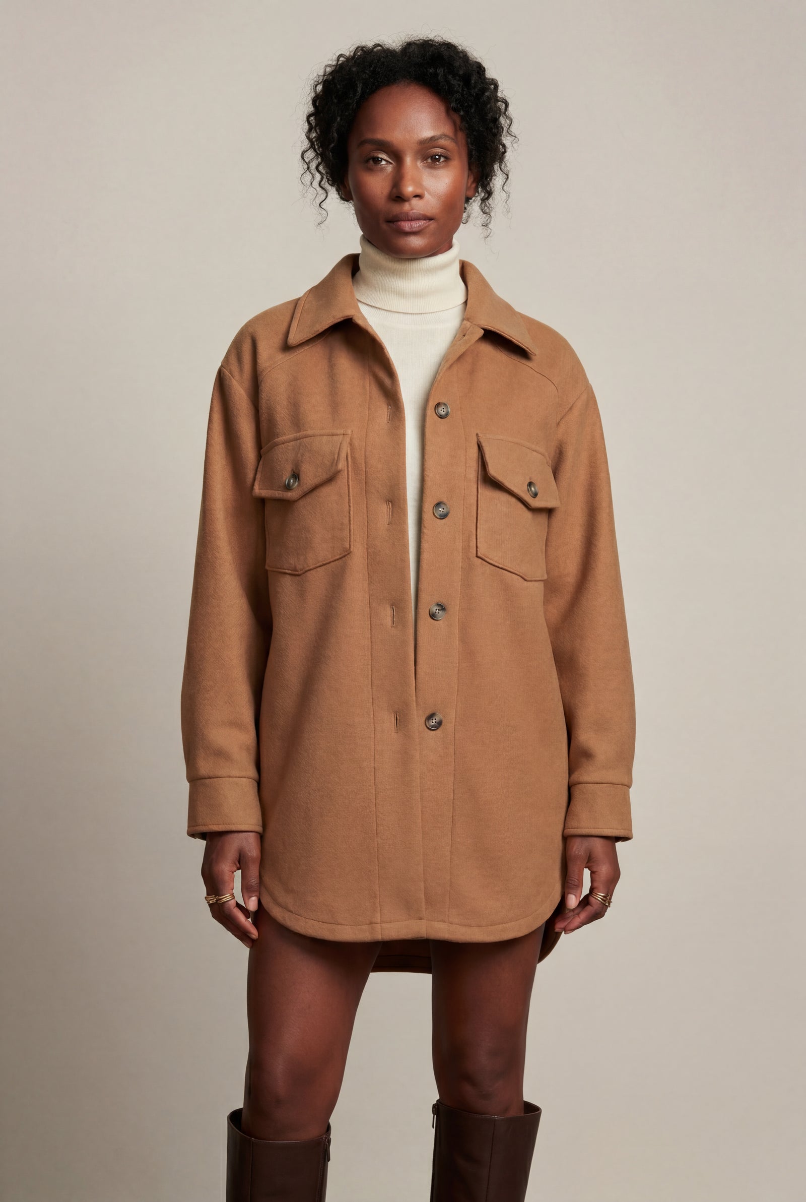 Caramel Relaxed Button-front Utility Jacket with Flap Pockets - Button jacket - Photo 6