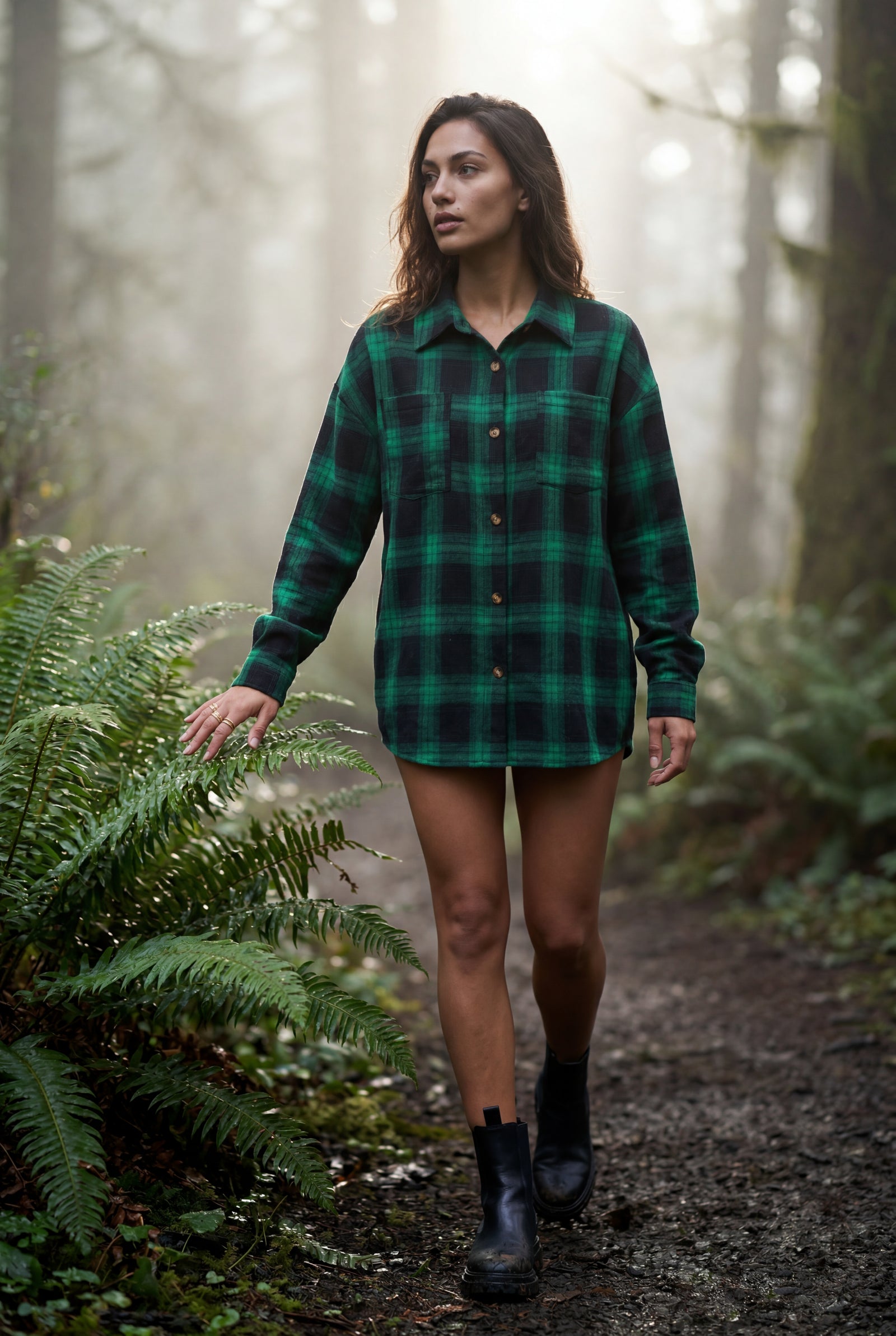 Dark Green Relaxed Fit Checked Long Sleeve Shirt with Classic Collar - Checked shirts - Photo 13