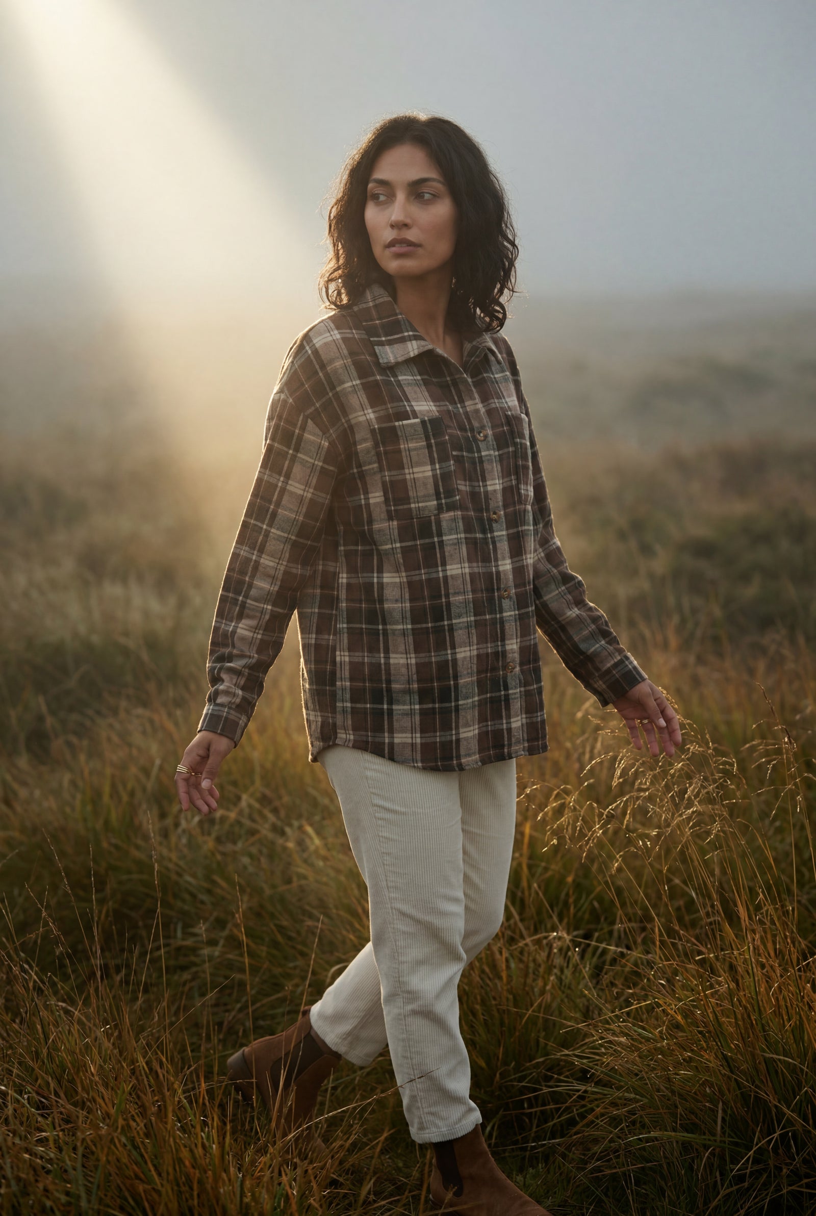 Brown Relaxed Fit Checked Long Sleeve Shirt with Classic Collar - Checked shirts - Photo 20