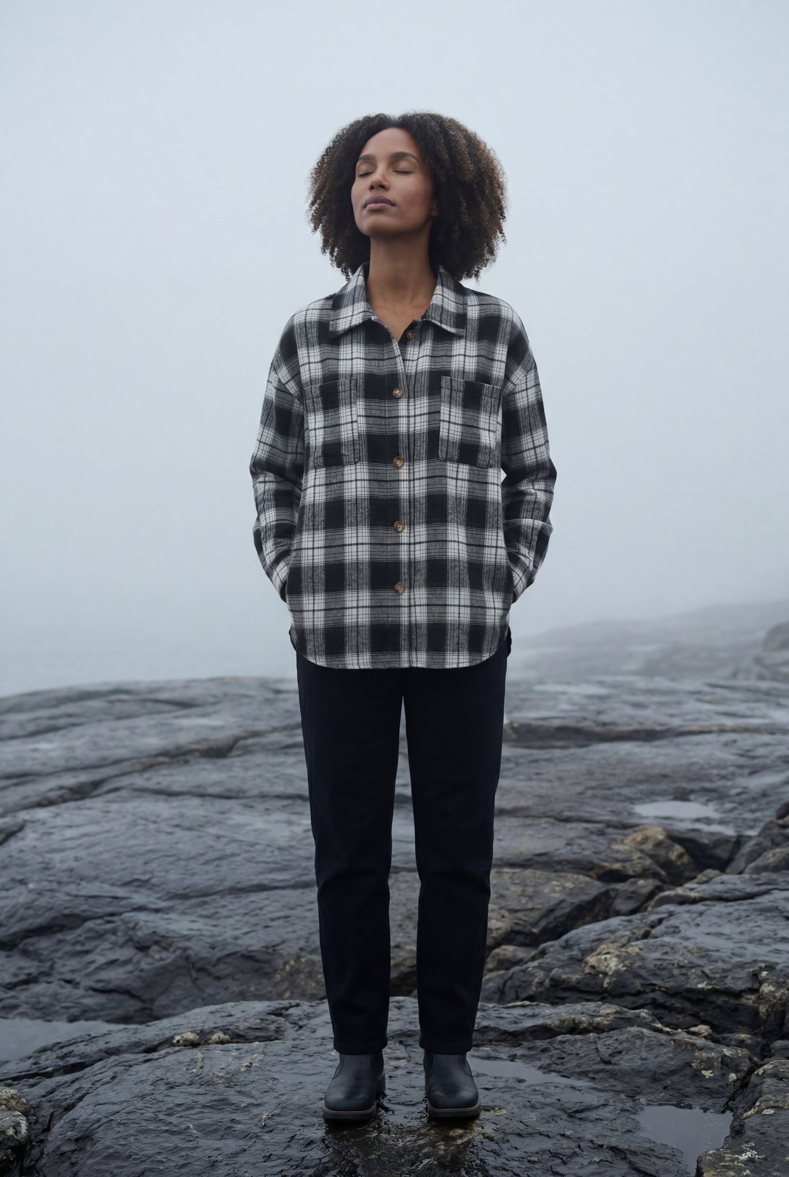 Black Relaxed Fit Checked Long Sleeve Shirt with Classic Collar - Checked shirts - Photo 9