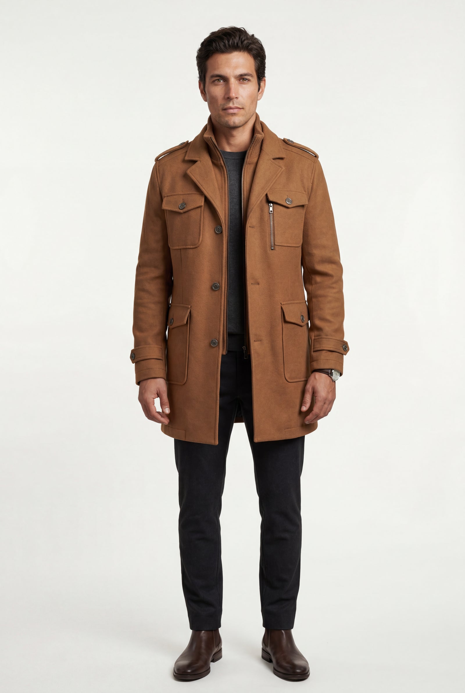 Caramel Stand Collar Slim Fit Winter Coat with Button Tab - Slim fit winter coats - Photo 24