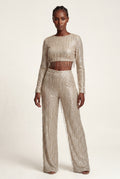 Champagne Fringe Crop Top and Wide-leg Pants Set - Fringe two piece set - Photo 1